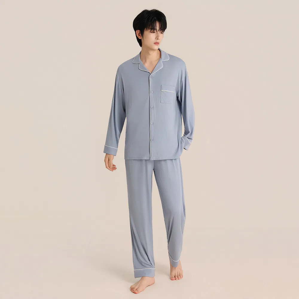 Conjunto de pijama de primavera y verano fresco al por mayor, cardigan con solapa para hombres y mujeres, ropa de dormir personalizable con logo