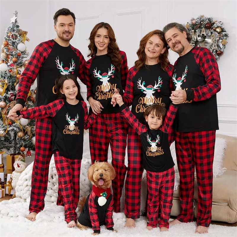 Nuevo conjunto de pijamas navideños ropa de hogar con estampado de ciervo a cuadros pijama para padres e hijos para otoño y primavera