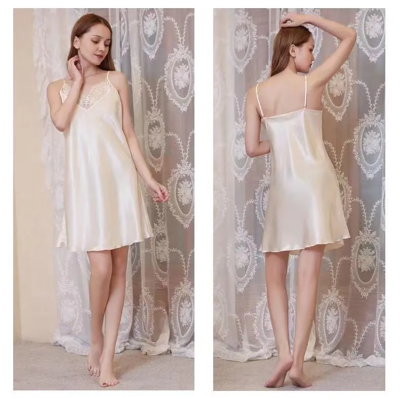 Vestido de dormir sin mangas de seda sintética para mujeres, ropa, pijamas, camisón, pijamas de satén para mujeres