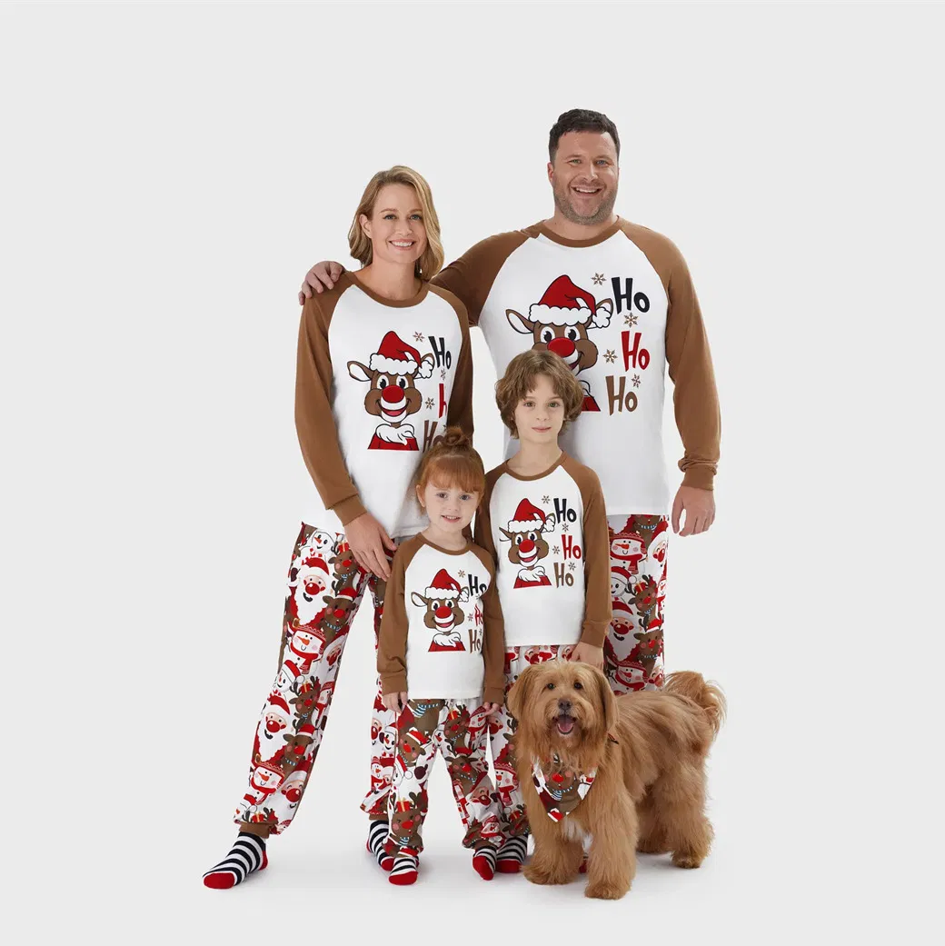 Pijamas navideños a juego para toda la familia con letras impresas de ciervos pequeños, conjunto de pijamas de algodón rojo