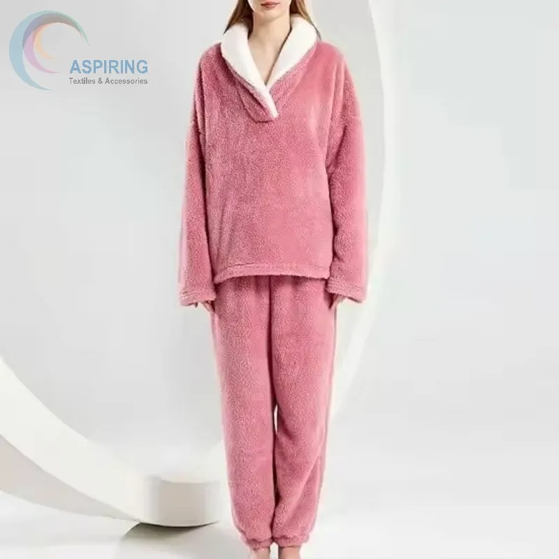 Conjunto de pijama de mujer de algodón de terciopelo grueso y cómodo para invierno