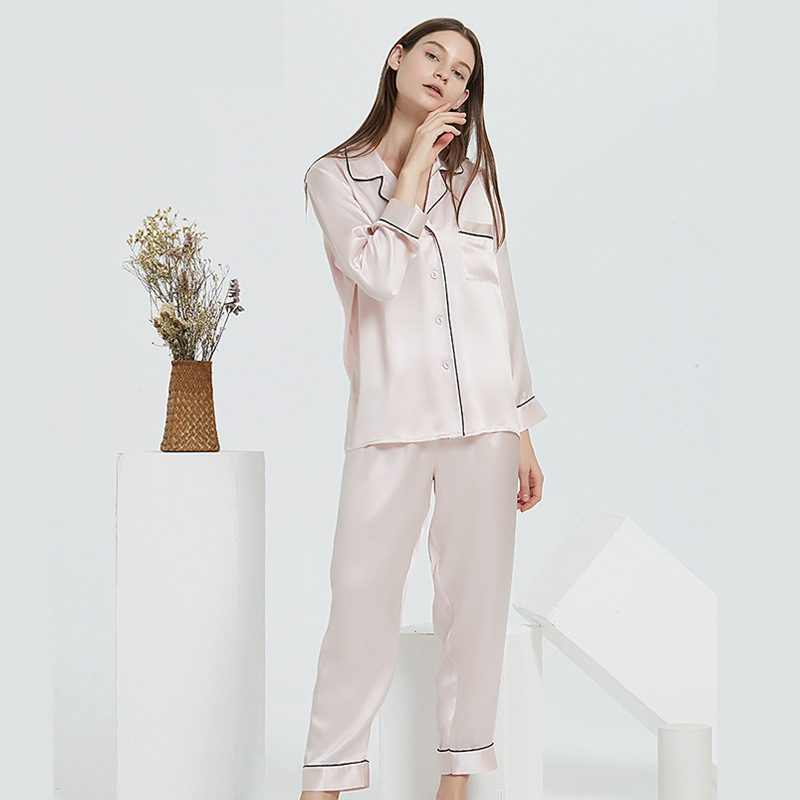 Pijamas de Seda para Mujeres Con Manga Larga Conjunto de Pijamas de Satén Conjuntos de Pj 2 Pieza Botón Abajo Ropa de Casa Ropa de Dormir