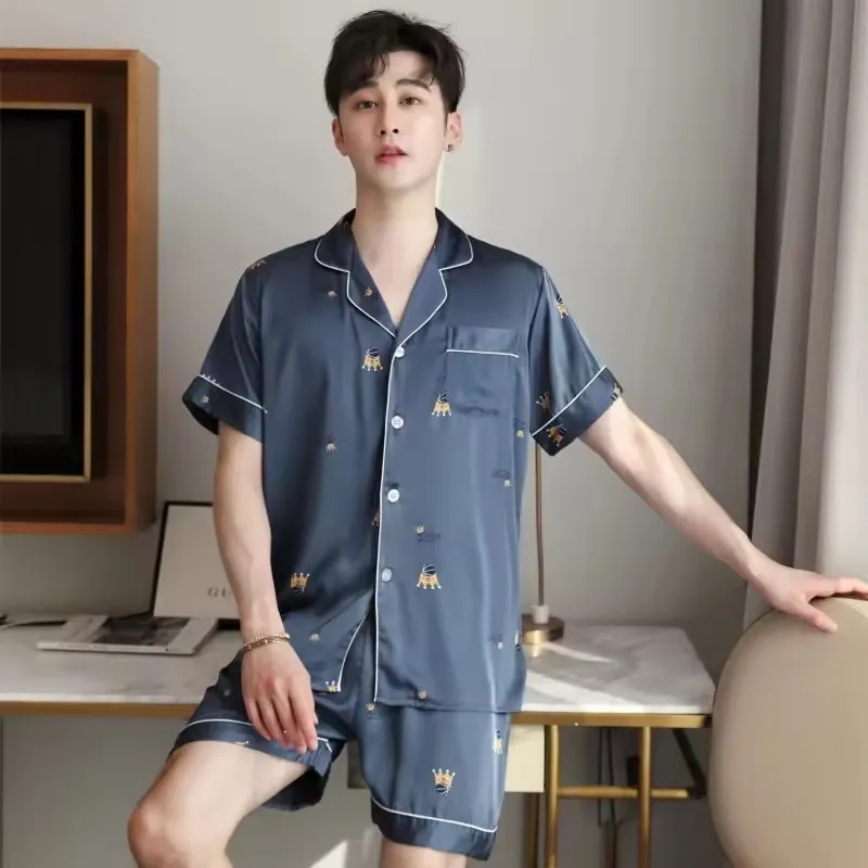 Conjunto de pijama de seda para hombre de manga larga y pantalones largos, estilo hogareño, de alta calidad, primavera y otoño, nueva moda, ropa Hong, de seda helada, cómoda y transpirable