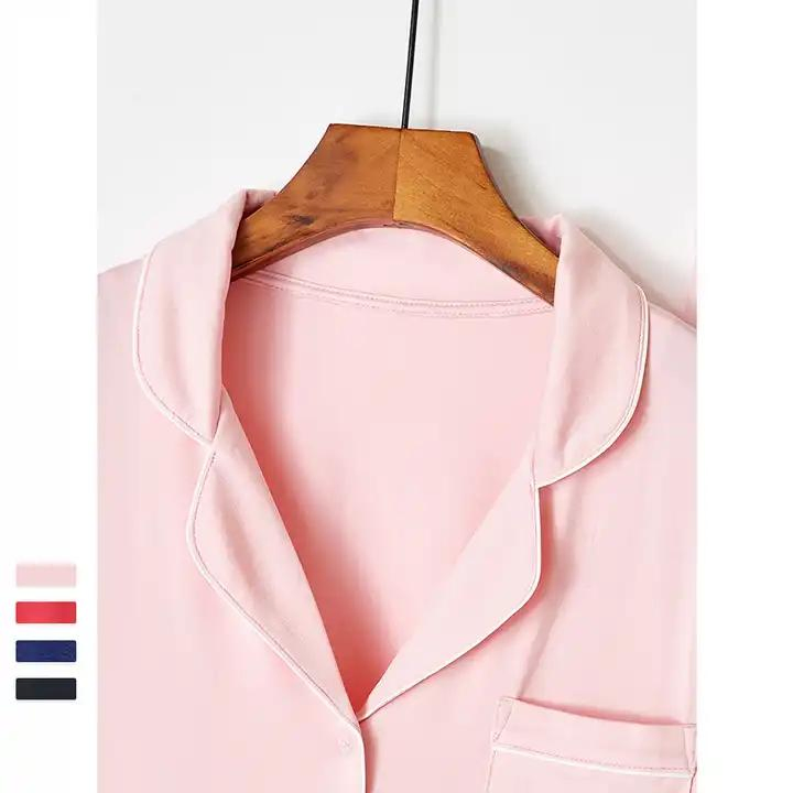 Conjunto de pijama de mujer de modal de bambú, color sólido, de manga larga, con cuello, suelto y casual