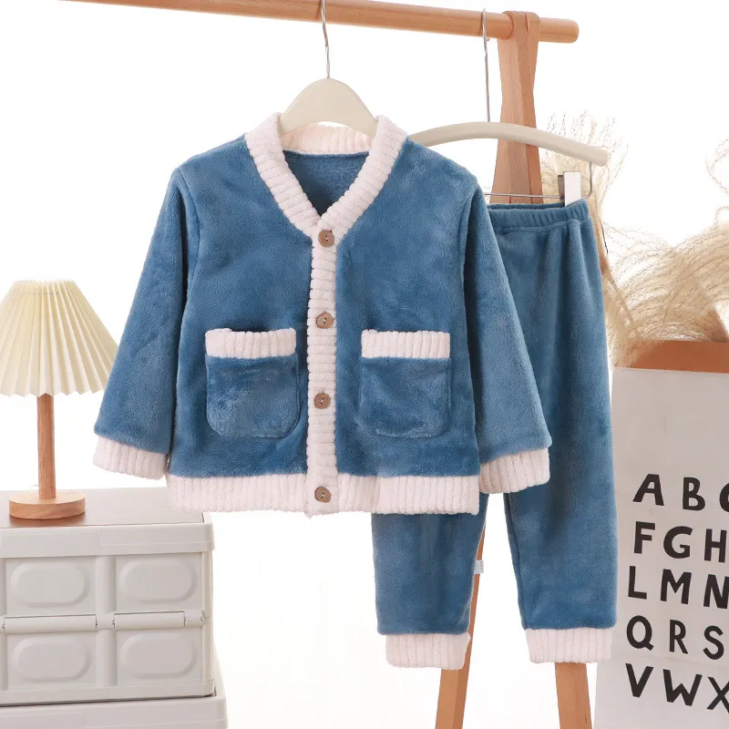 Conjunto de ropa interior para niños de felpa coral, pijamas para niños de otoño e invierno