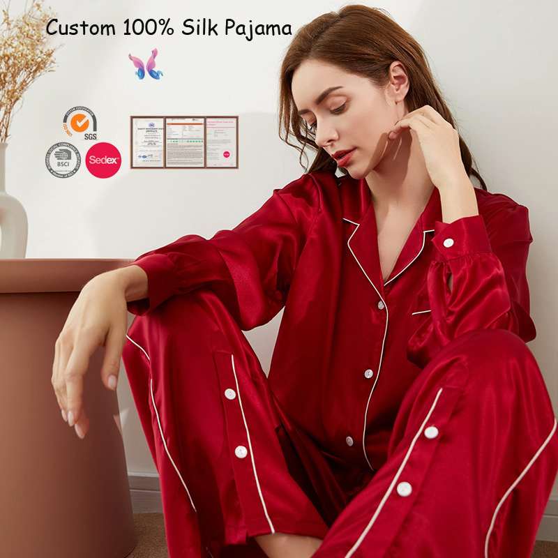 Pijamas de seda pura de lujo al por mayor 100% de seda de morera fabricados en fábrica con etiqueta personalizada