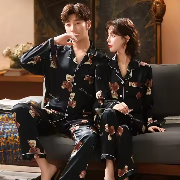 Pijamas de cartoon de otoño impresos para dama, manga larga de seda, sexy, mujer más joven, ropa de dormir de satén casual