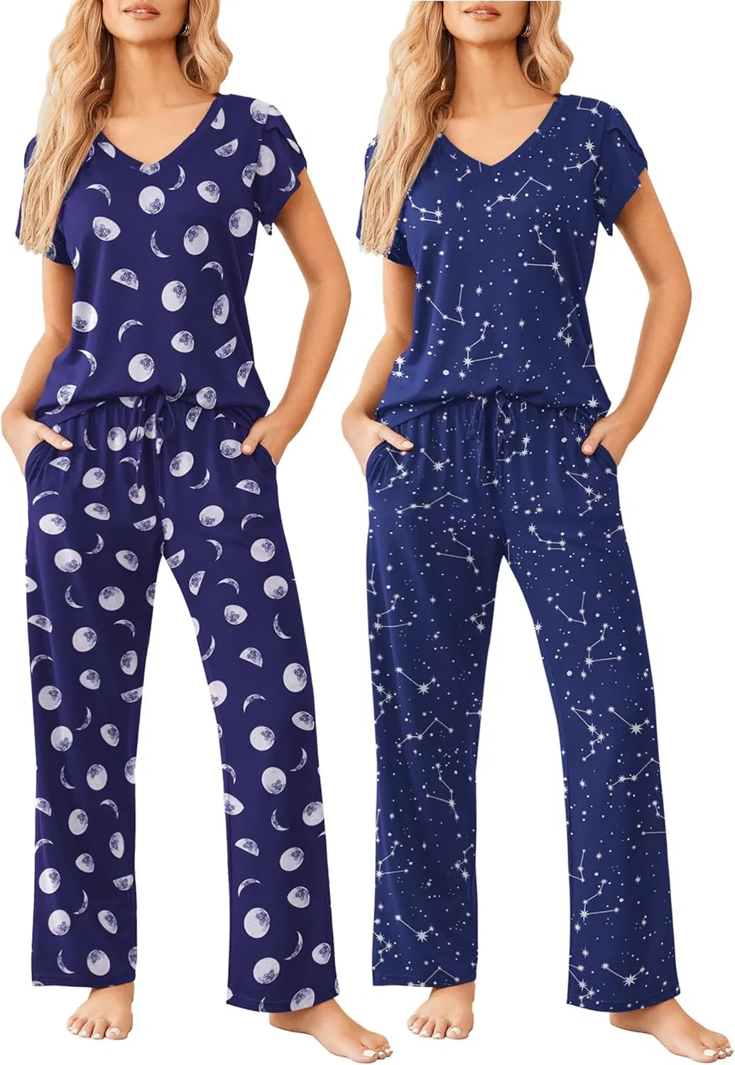 2 Conjunto de Pijamas para Mujeres de Manga Corta con Pantalones, Sets de Lounge Impresos Súper Suaves