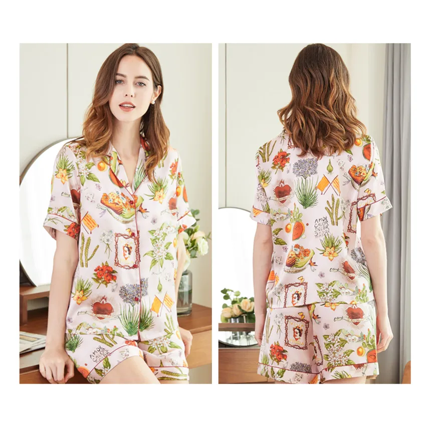 Pijama de Seda Mulberry Impresa 100% para Mujeres