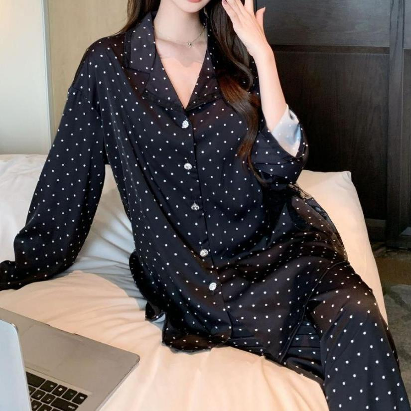 Pijama de seda helada para mujer con mangas largas de lunares, ropa de estar en casa para usar afuera