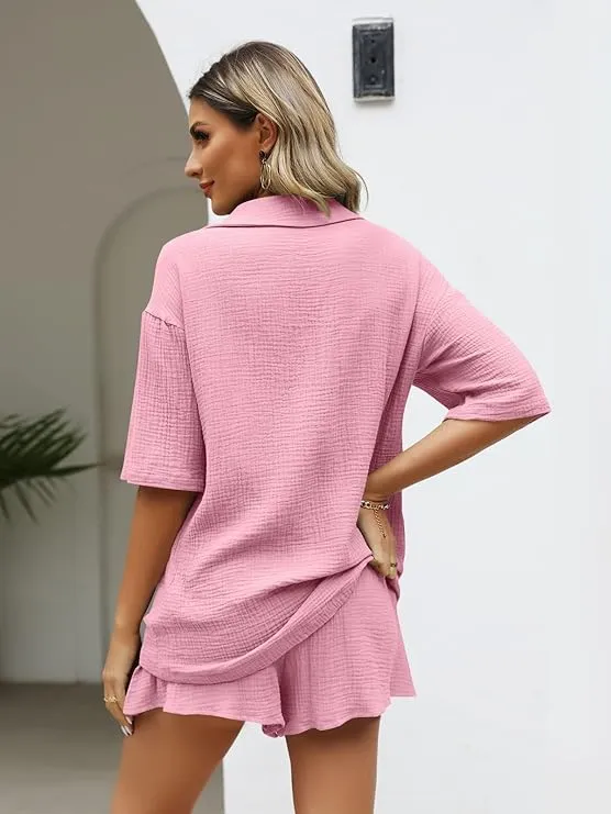 Conjunto de Pijamas de Muselina para Mujeres, Camiseta y Pantalones Cortos, Ropa de Casa Casual, Ajuste Suelto, Algodón Sólido 2 piezas