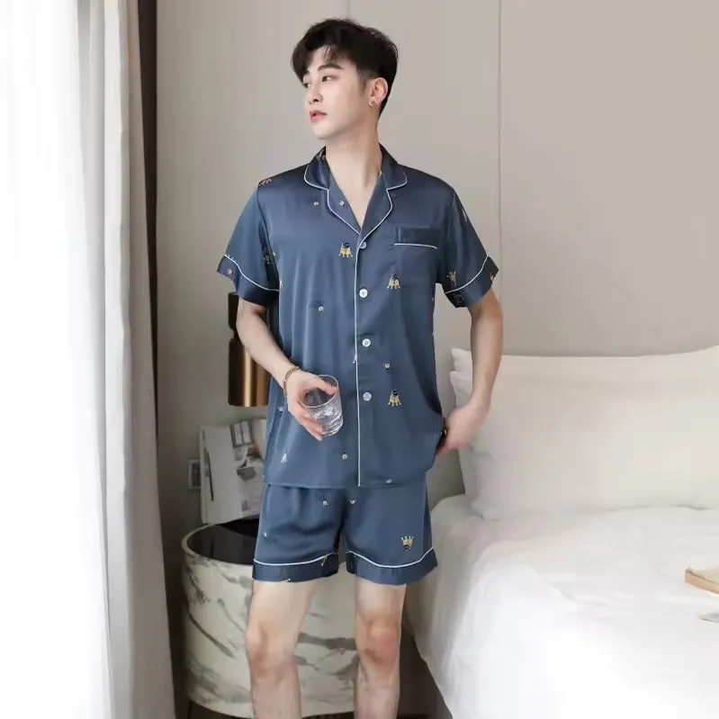 Conjunto de pijama de seda para hombre de manga larga y pantalones largos, estilo hogareño, de alta calidad, primavera y otoño, nueva moda, ropa Hong, de seda helada, cómoda y transpirable