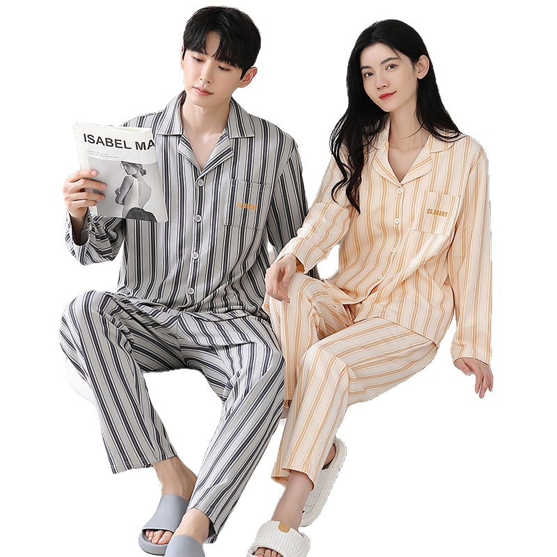 Conjunto de pijama de algodón puro a rayas, pantalones de manga larga que se pueden usar afuera, ropa de casa casual