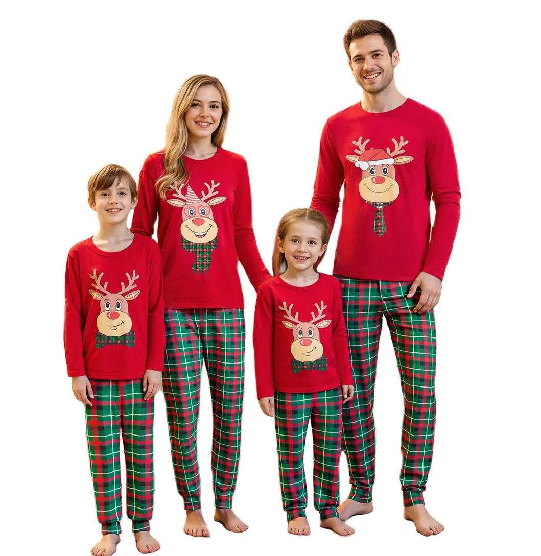 Pijamas navideños a juego para toda la familia con letras impresas de ciervos pequeños, conjunto de pijamas de algodón rojo