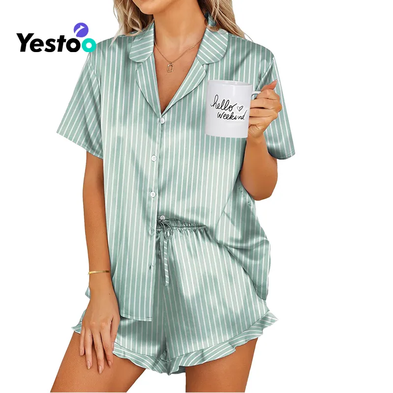 Conjunto de Pijamas de Satén para Mujeres con Botones 2 Piezas de Seda Pjs Cortos con Volantes