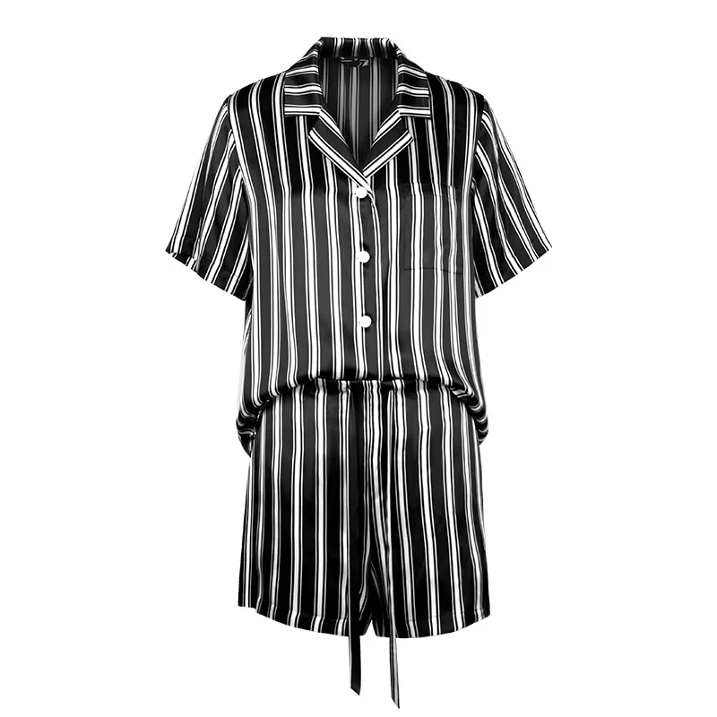 Pijamas de lujo cortos de seda para mujeres con cuello notch y rayas verticales