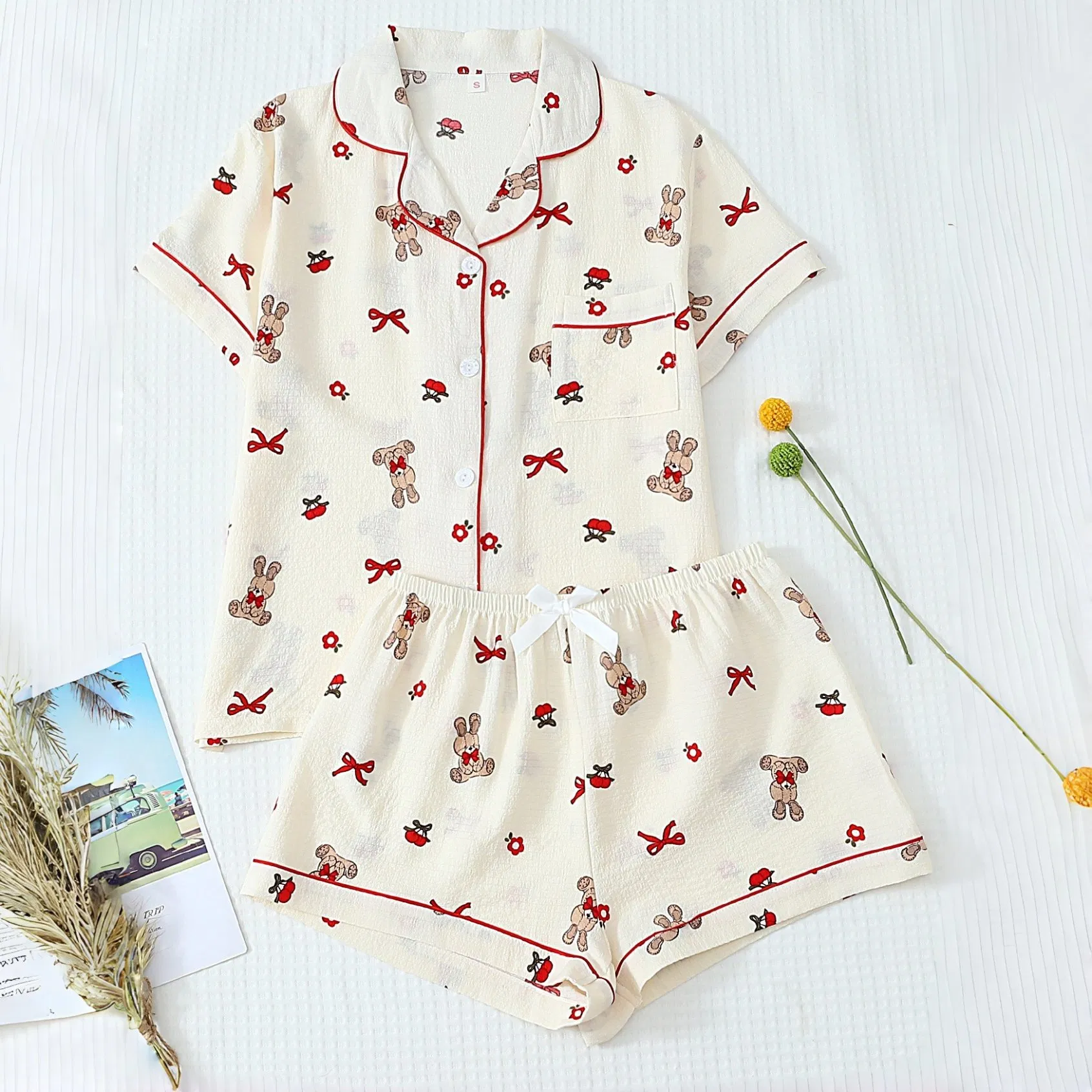 2026 Venta Caliente Conjunto de Mujeres 2 Conjuntos de Pijamas de Verano Lindos Conjunto de Lounge a Juego Camisa de Botones con Pantalones Cortos