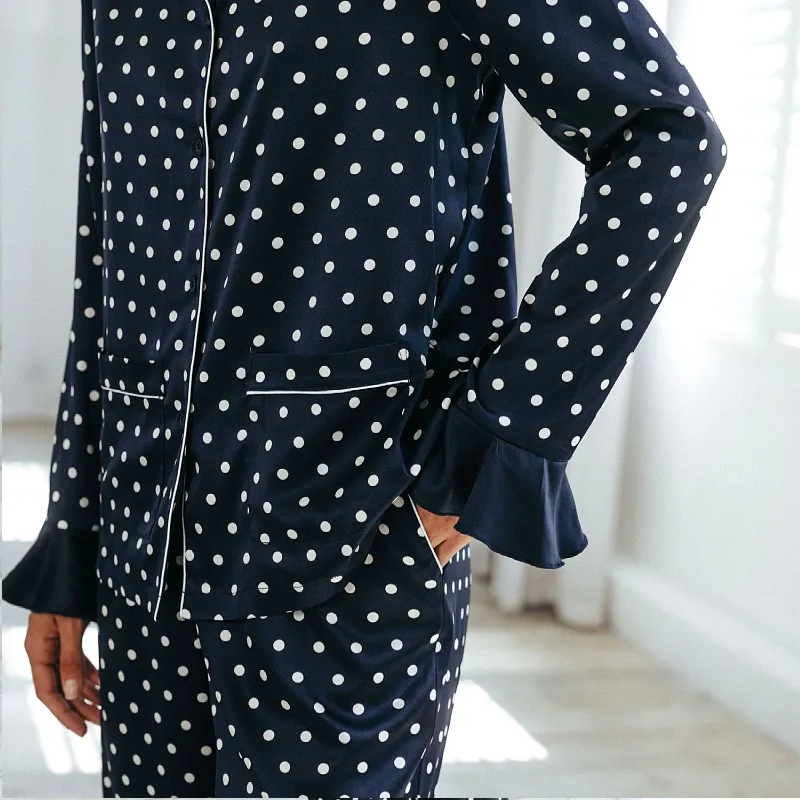 Conjunto de pijama de lujo francés para mujeres con mangas abullonadas de lunares verdes