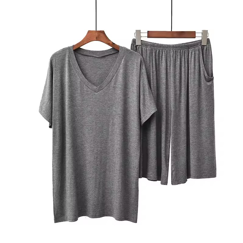 Pijamas de verano casuales de dos piezas de modal para hombres de alta calidad con cuello en V y mangas cortas. Ropa cómoda para el hogar. Talla grande. Transpirable