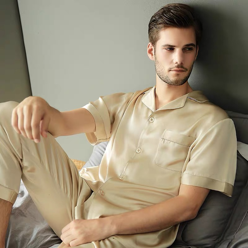 Pijama de dos piezas de seda pura para hombre, con camiseta de manga corta y pantalones