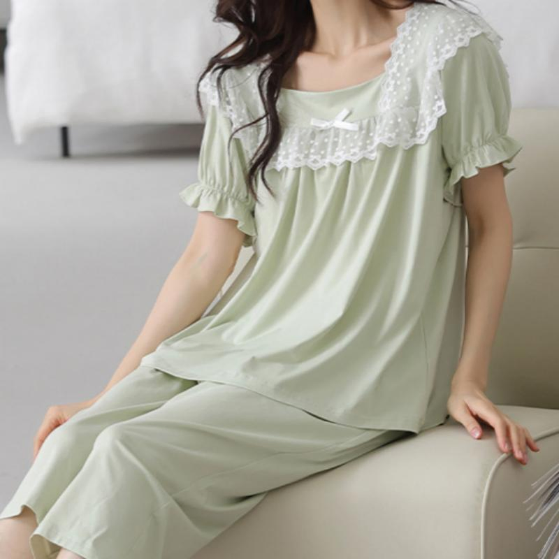 Conjunto de pijama de algodón corto de manga corta para mujeres, verano dulce y juvenil