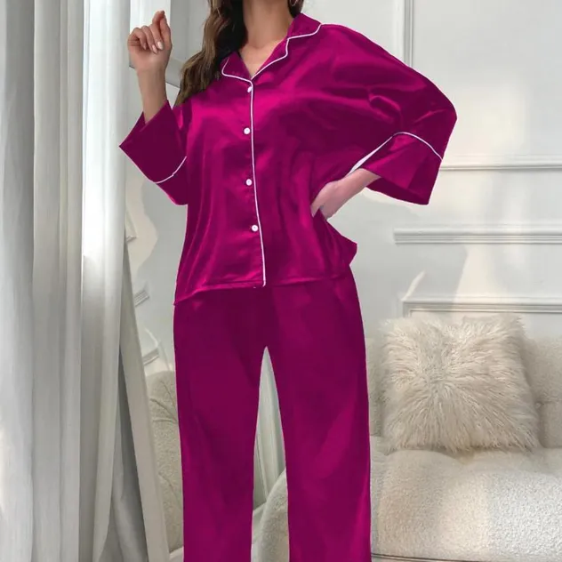 Conjunto de pijama de temporada para mujer, blusa larga de seda helada con contraste y pantalón largo