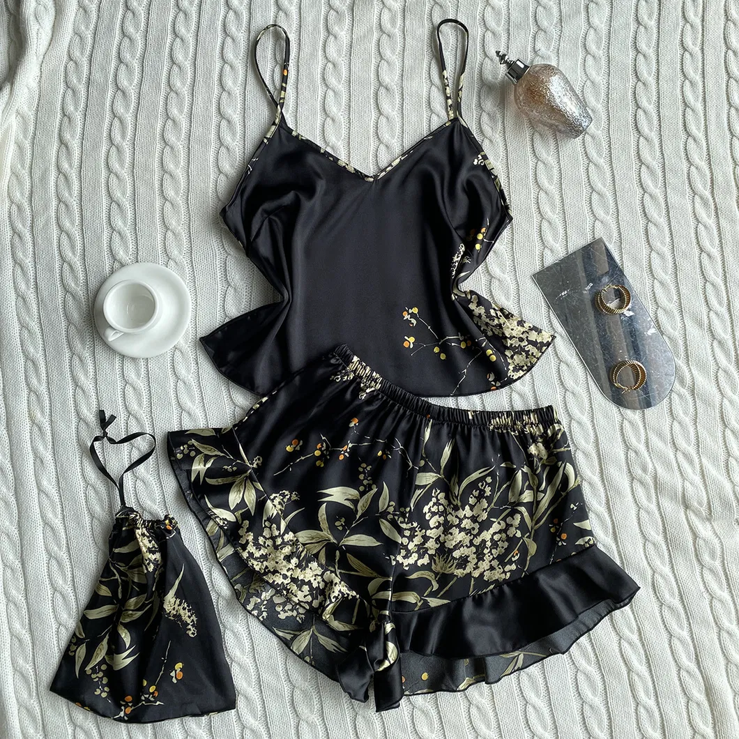 Pijamas impresos de estilo seda imitación talla grande, pijamas de seda helada casuales y a la moda, ropa de casa