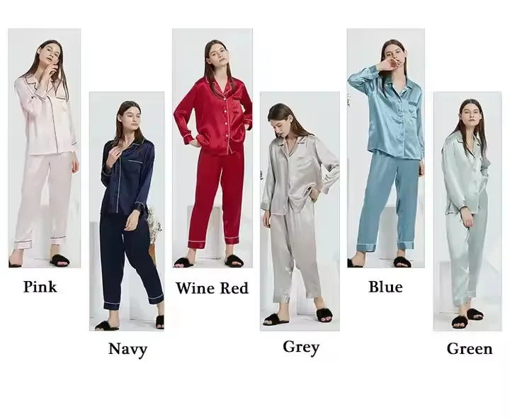Conjunto de Pijamas de Seda Satinada para Mujeres 100% Conjunto de Dos Piezas de Manga Larga para Dormir