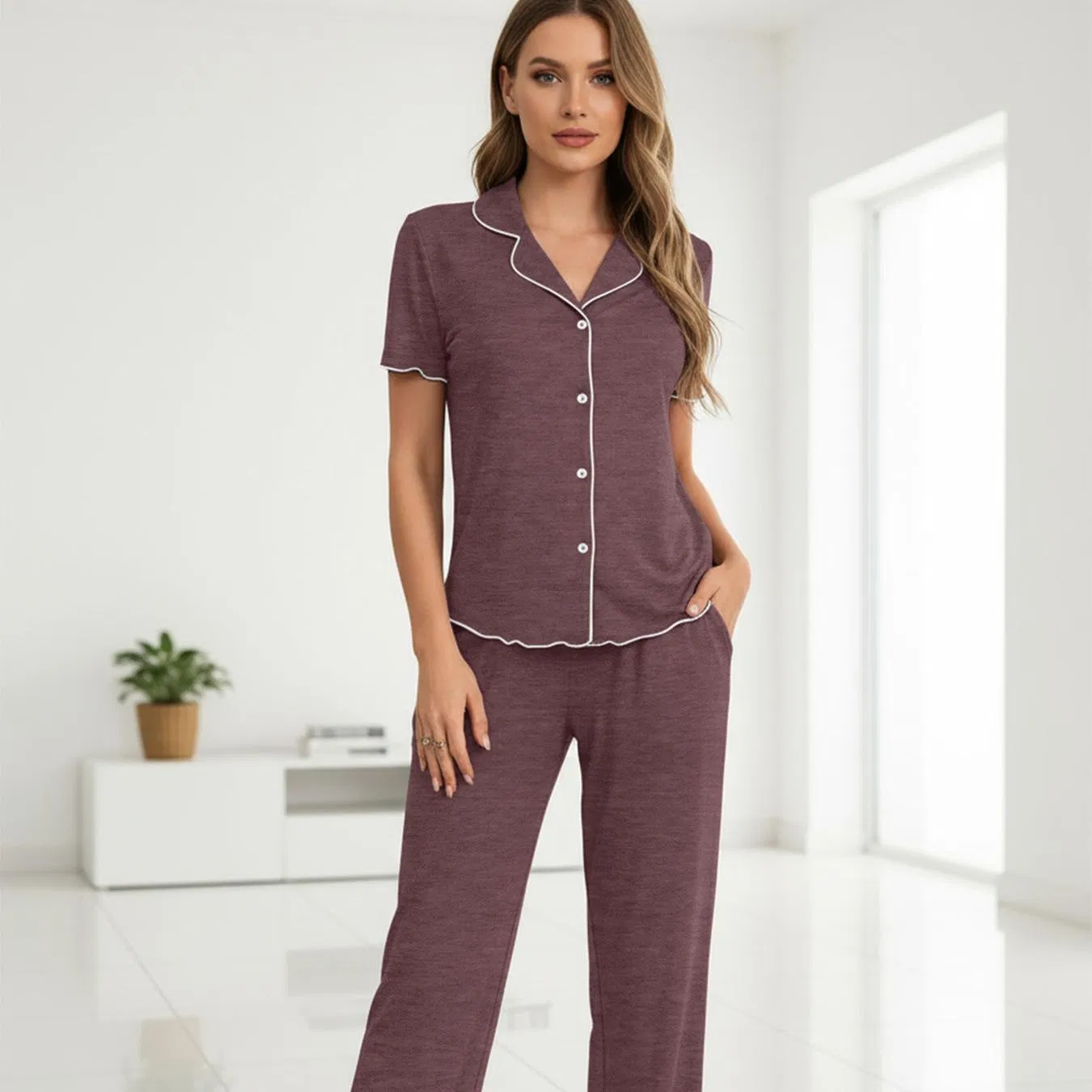 Conjunto de pijama de dos piezas de algodón sólido y cómodo para mujeres con solapa y manga corta, pijama de verano personalizado OEM