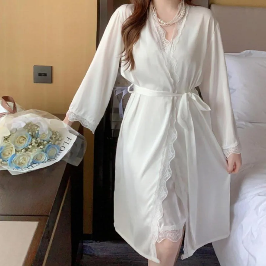 Conjunto de pijama de seda delgada de verano para mujeres, chaqueta de manga larga
