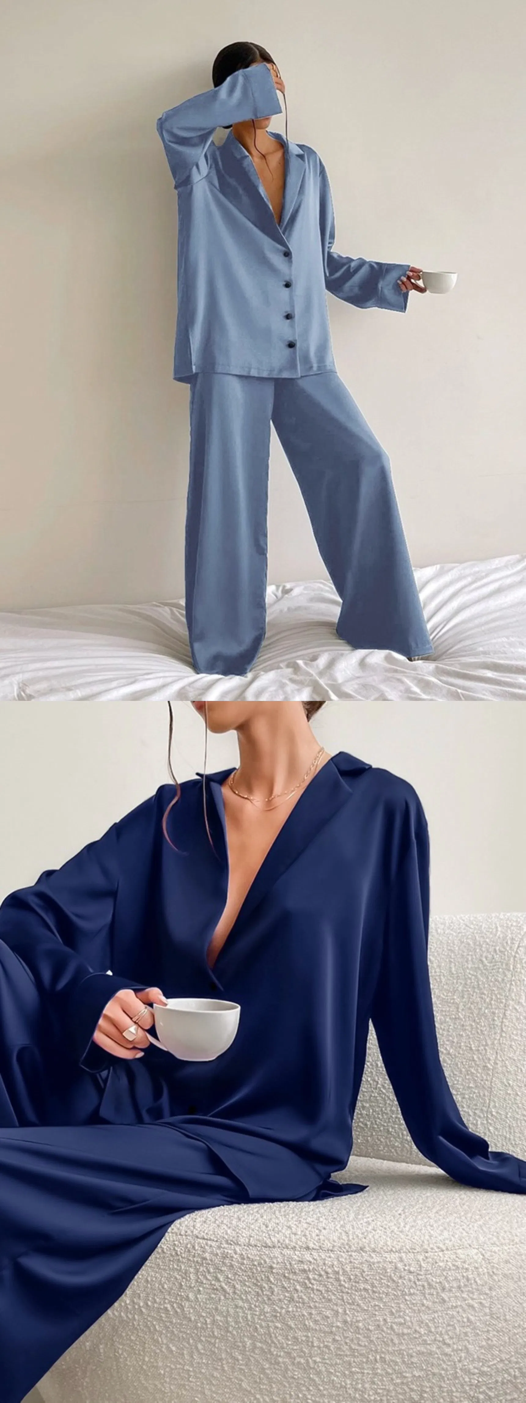 Conjunto de pijamas de dos piezas de camisa de satén suelta de manga larga y pantalón de pierna ancha estilo chica suave