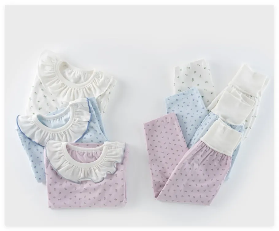 Pijamas infantiles suaves, elásticos, antistáticos y transpirables con estampado floral, ropa de casa de algodón para niños