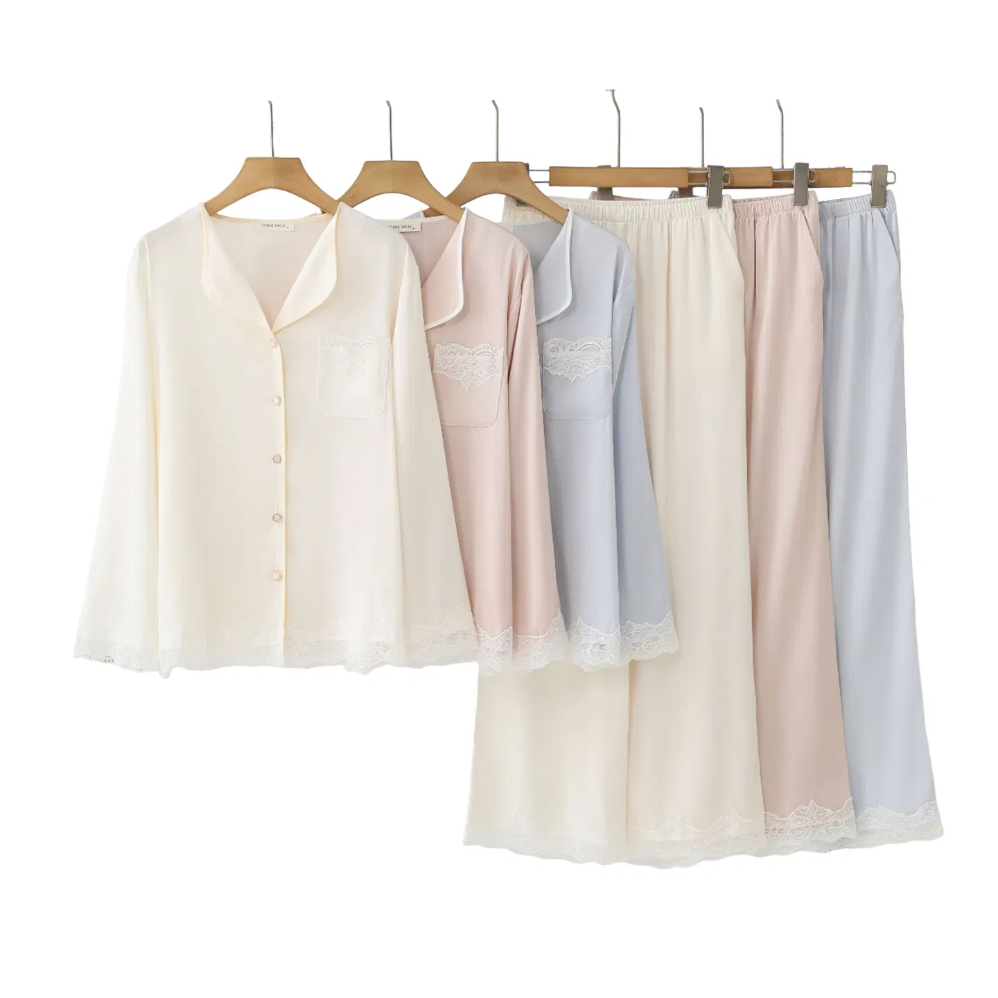 Conjunto de pijama de seda helada para mujer con trim de encaje, de manga larga y pantalones