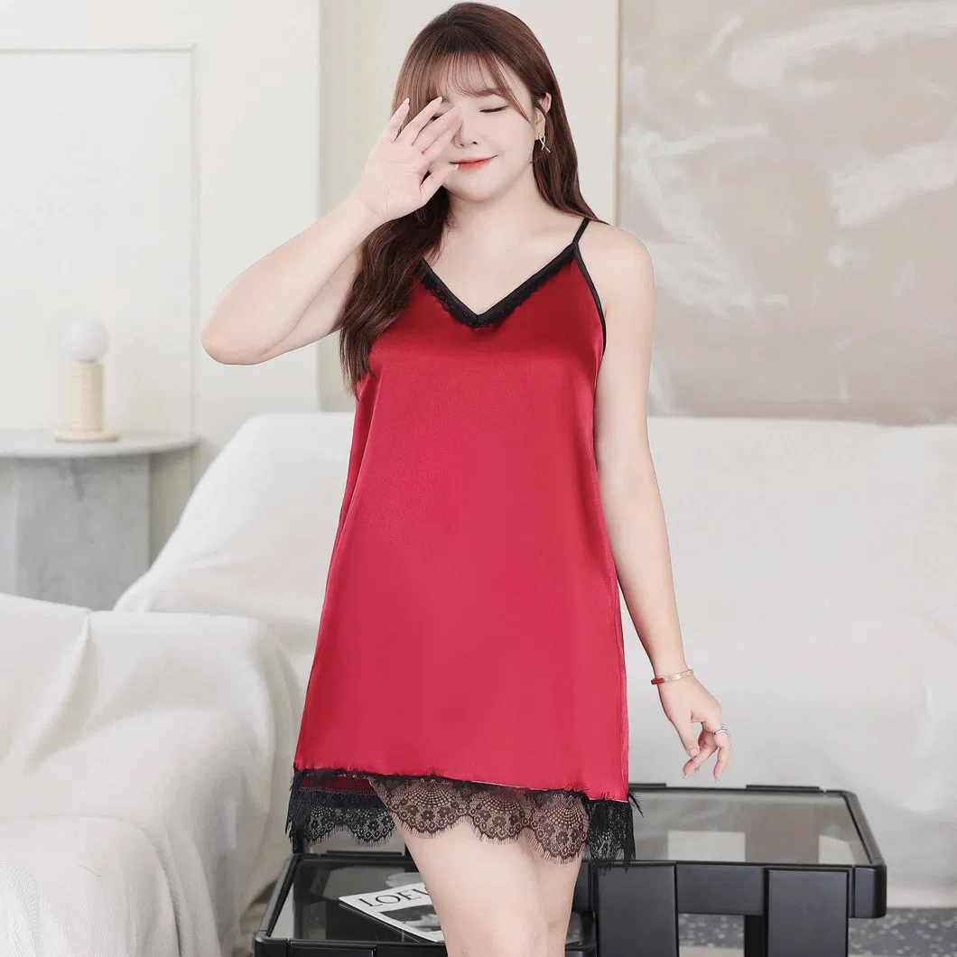 Pijamas de nailon y spandex, vestidos de noche con tirantes, encaje para mujeres, pijamas de seda artificial