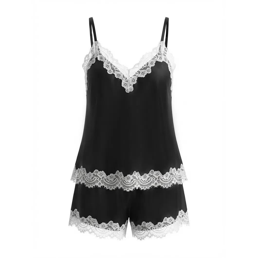 Conjunto de Pijama de Cortos para Mujeres Verano Ajustado de Dos Piezas con Encaje Lujoso Ligero para Estar en Casa