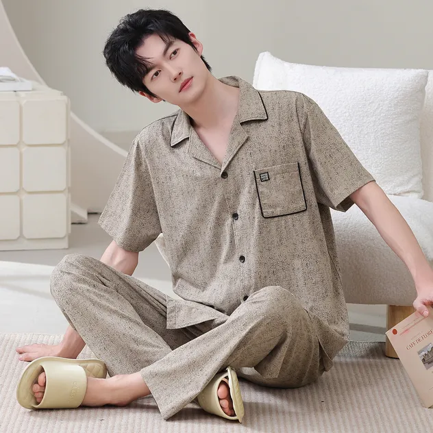 Conjunto de pijama de lujo ligero de algodón puro para hombre, cárdigan abierto de verano de manga corta