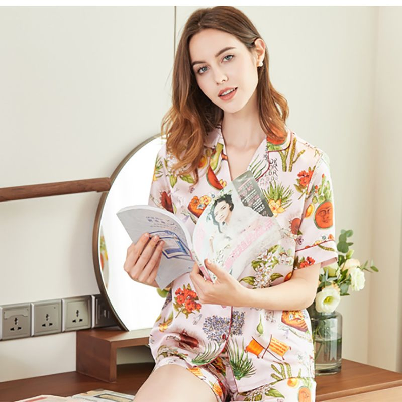 Pijama de Seda Mulberry Impresa 100% para Mujeres