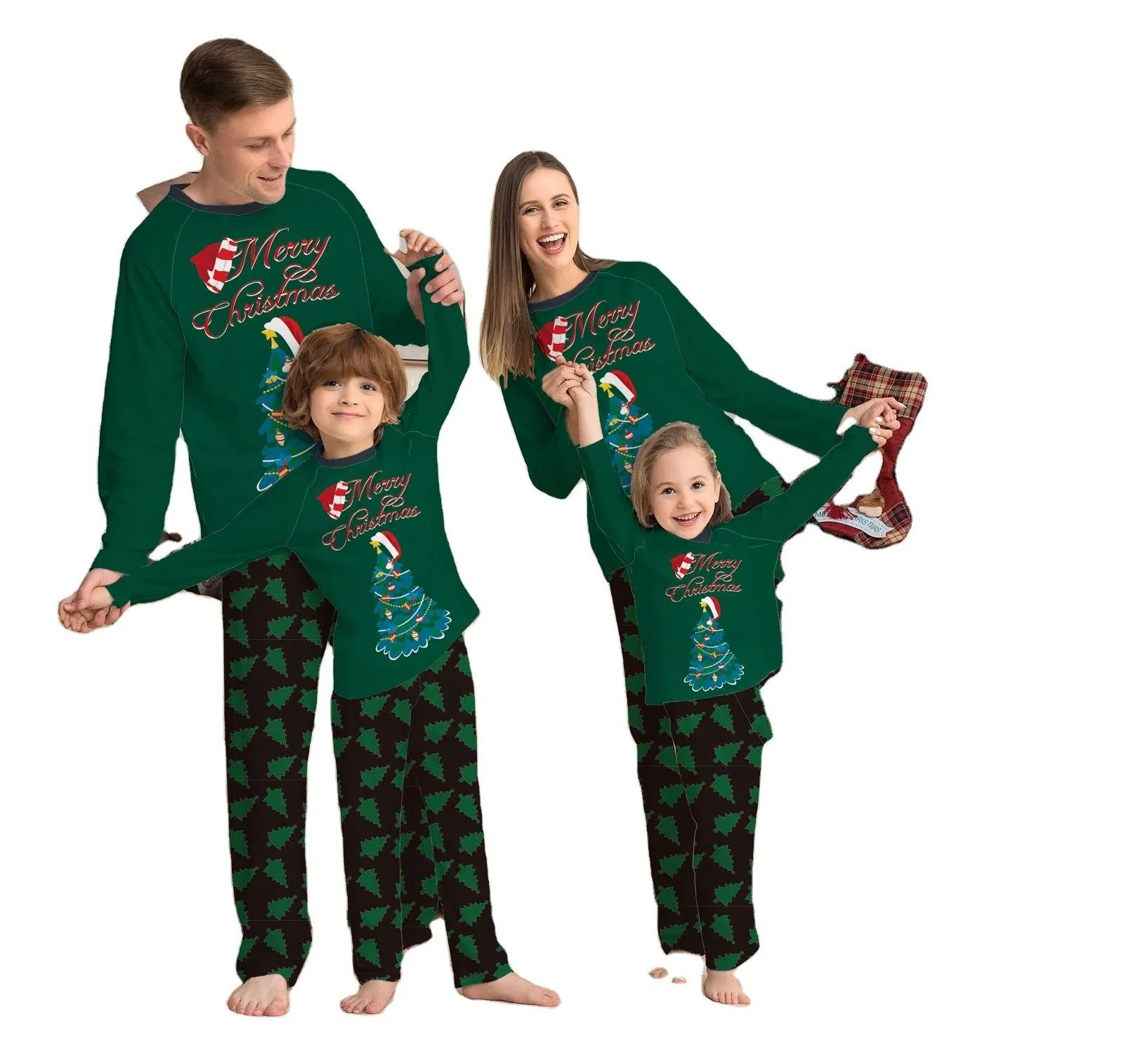 Conjunto navideño de alta calidad imitación algodón para padres e hijos, pijamas de hogar de manga larga con estampado de árbol de Navidad para la familia