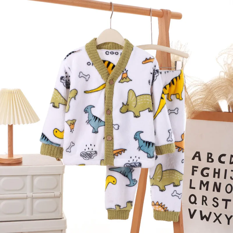Conjunto de ropa interior para niños de felpa coral, pijamas para niños de otoño e invierno