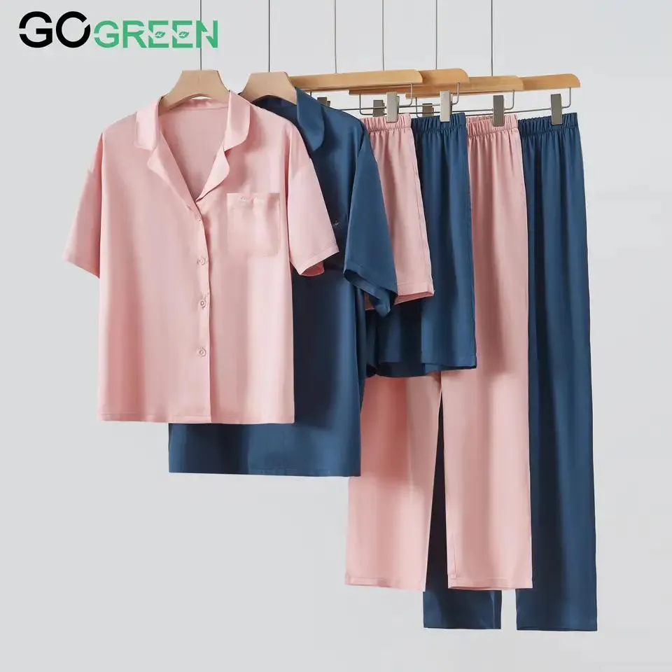 Pijamas de lyocell al por mayor 100% Con fibra orgánica conjunto de pijamas para damas de manga corta ropa de casa 2 piezas de ropa de descanso
