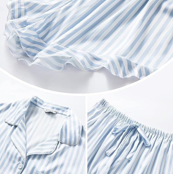 Pijamas de seda satinada para mujeres, con botones, de manga corta y pantalones cortos