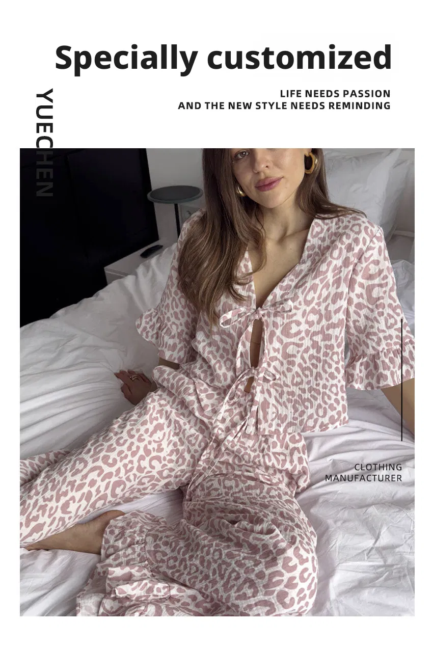 Conjunto de pijama de verano europeo americano de leopardo de algodón puro con volantes y pantalones cortos de manga corta