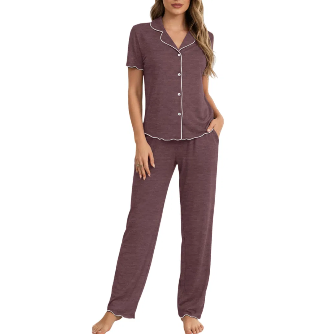 Conjunto de pijama de dos piezas de algodón sólido y cómodo para mujeres con solapa y manga corta, pijama de verano personalizado OEM