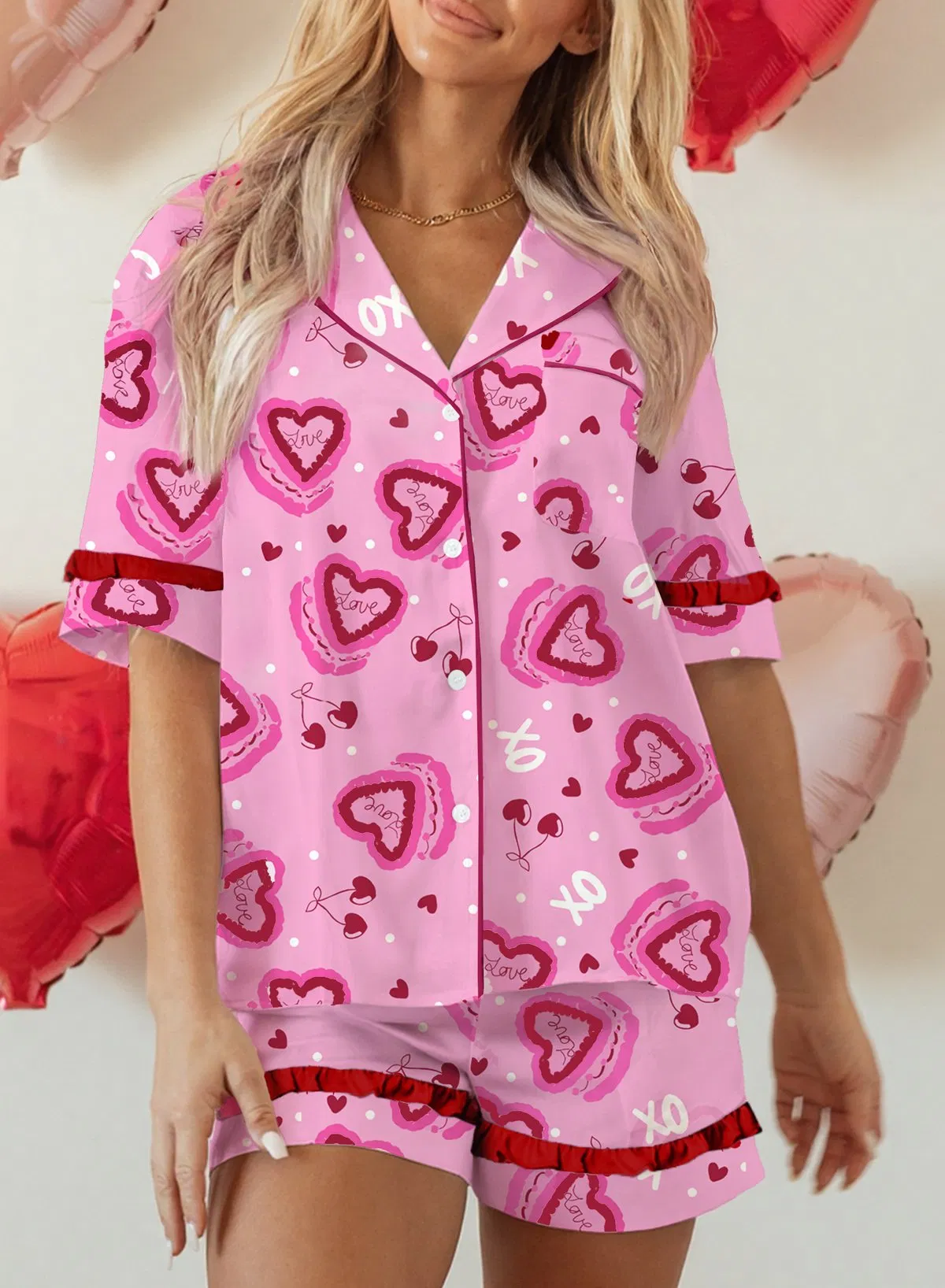 Querido Amante Exclusivo Mayorista Dropshipping Boutique Ropa Mujeres Fabricantes Corazón Pastel Impresión Contraste Volante Trim San Valentín 2PCS Pijamas
