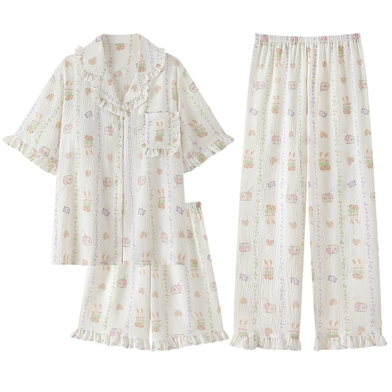 2025 Conjunto de Pijamas de Algodón Suave de Verano 3-Piece - Pijamas de Manga Corta y Pantalones Largos para Dormir en Casa