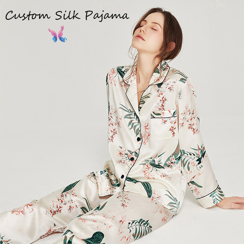 Pijama de seda pura de grado mayorista 6A impresa a medida con etiqueta personalizada