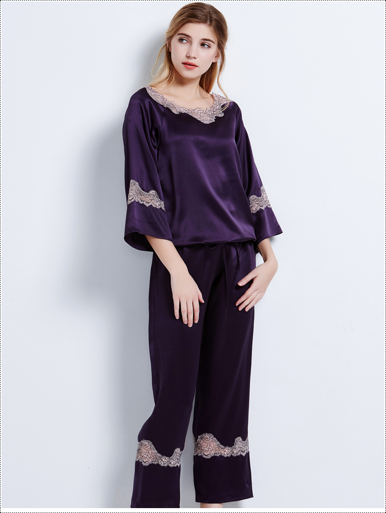 Conjunto de pijama de seda pura para dama con bordado de lujo 100%