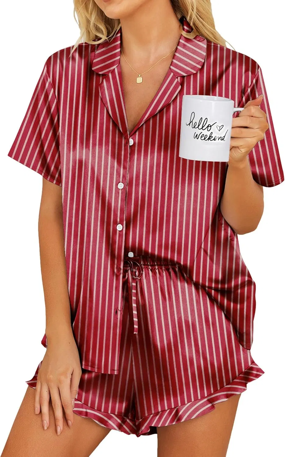 Conjunto de Pijamas de Satén para Mujeres con Botones 2 Piezas de Seda Pjs Cortos con Volantes