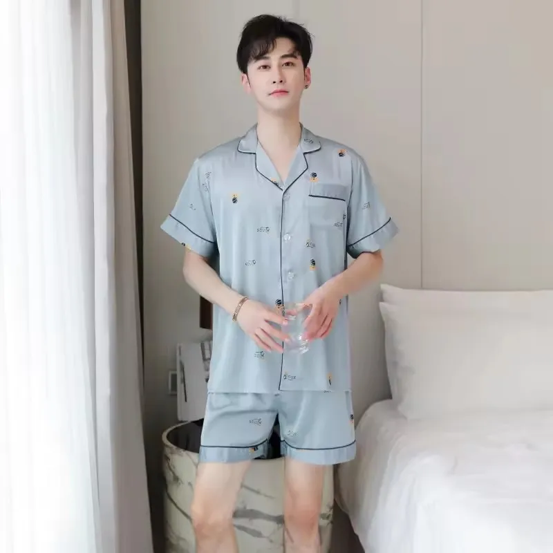 Conjunto de pijama de seda para hombre de manga larga y pantalones largos, estilo hogareño, de alta calidad, primavera y otoño, nueva moda, ropa Hong, de seda helada, cómoda y transpirable