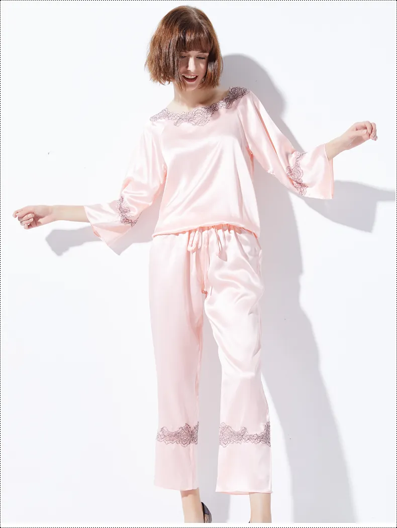 Conjunto de pijama de seda pura para dama con bordado de lujo 100%